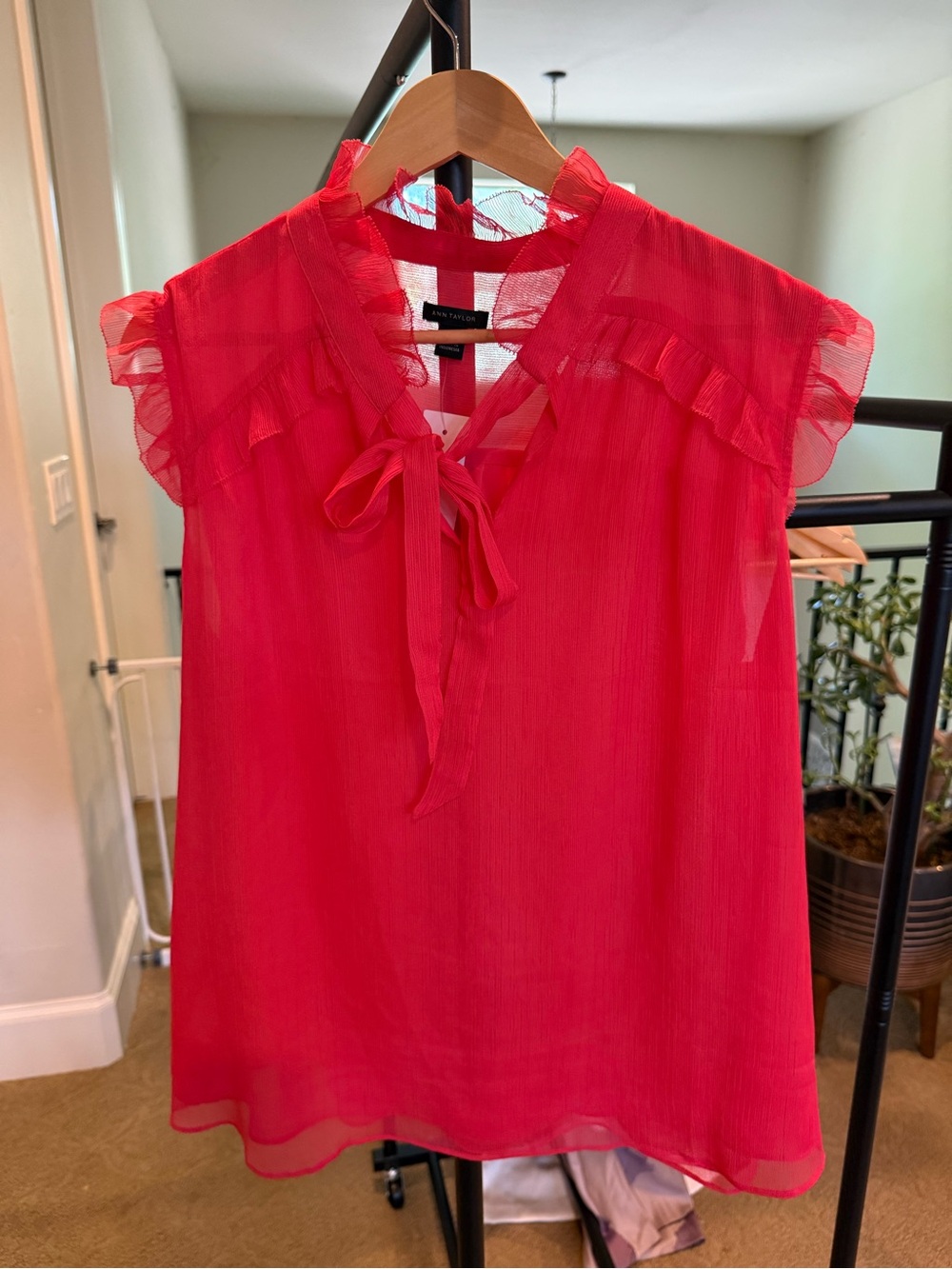 Ann Taylor Hot Pink Ruffled Tie-Neck Cap-Sleeve Blouse